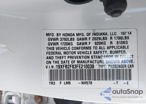 2015 Honda Civic Ex from USA, damaged, VIN 19XFB2F83FE210038